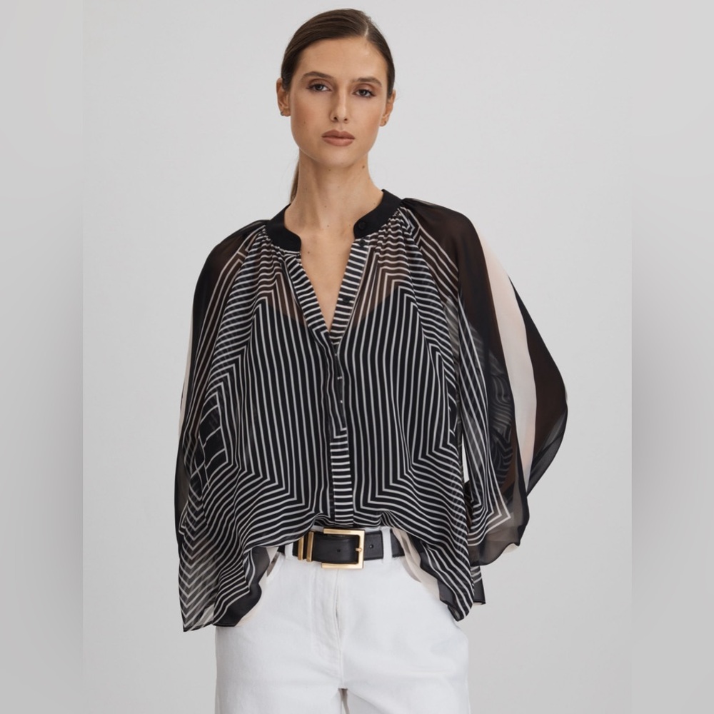 REISS BLACK BEIGE CHARLI STRIPPED PRINTED BUTTON-THROUGH BLOUSE